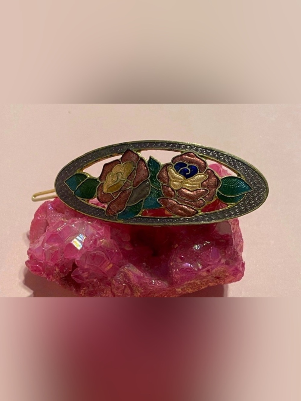 Vintage Cloisonné Rose Flower Hair Clip #9301